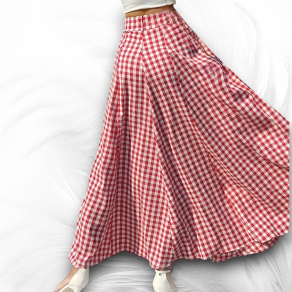 Red Gingham Maxi Skirt High Waist A-Line with Pockets - Picture 2 of 7
